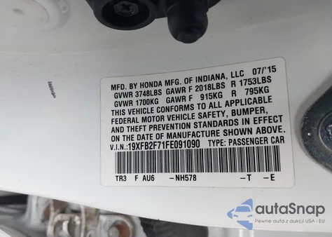 2015 Honda Civic Se from USA, damaged, VIN 19XFB2F71FE091090
